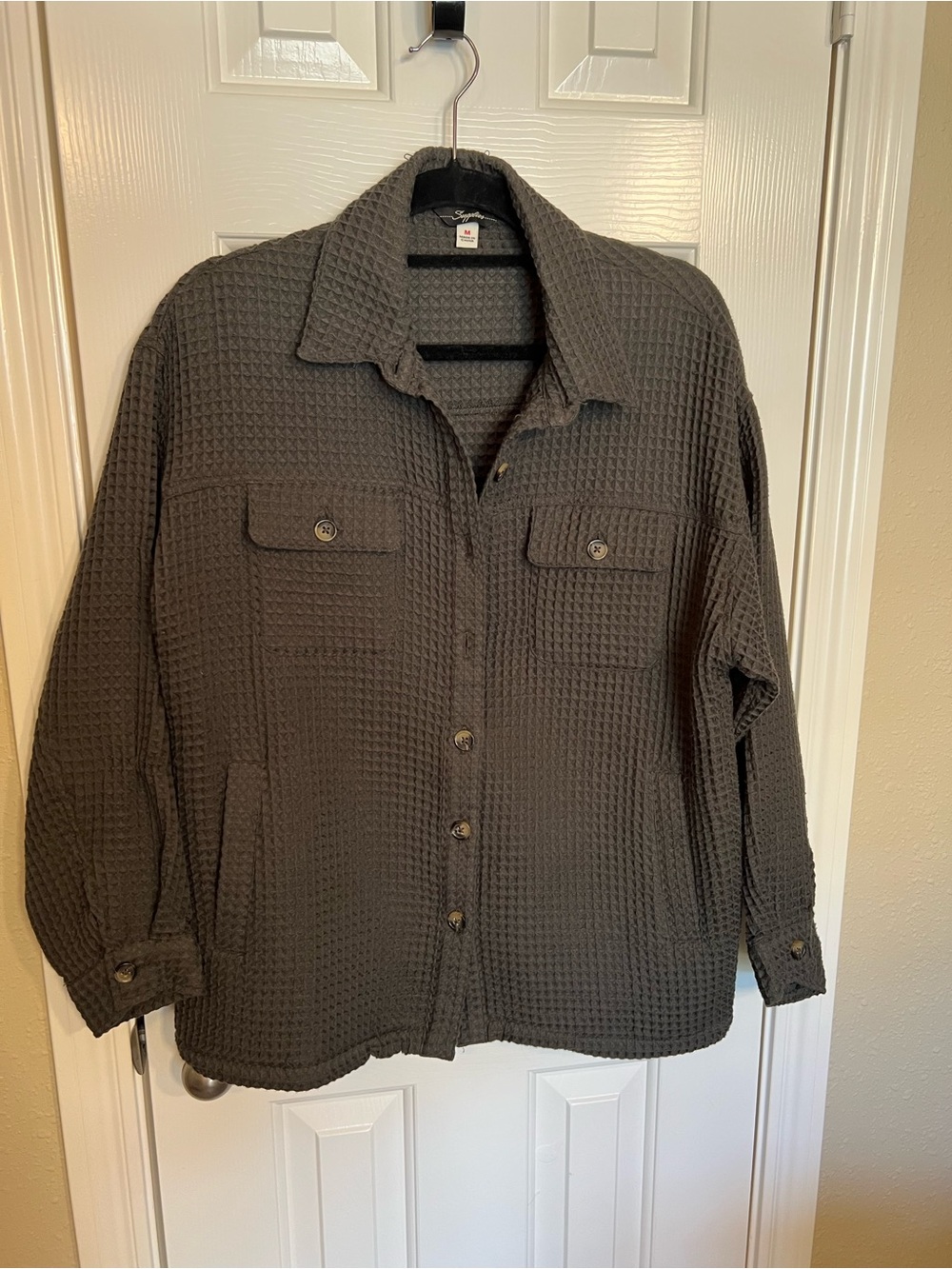 Waffle-Knit Utility Jacket in Dark Gray